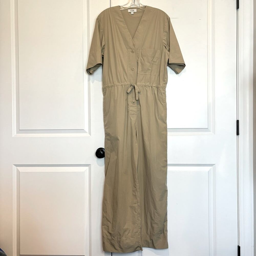 COS Tan Organic Cotton V-neck Short Sleeve Drawstring Waist Utility Jumpsuit XS - Picture 2 of 14